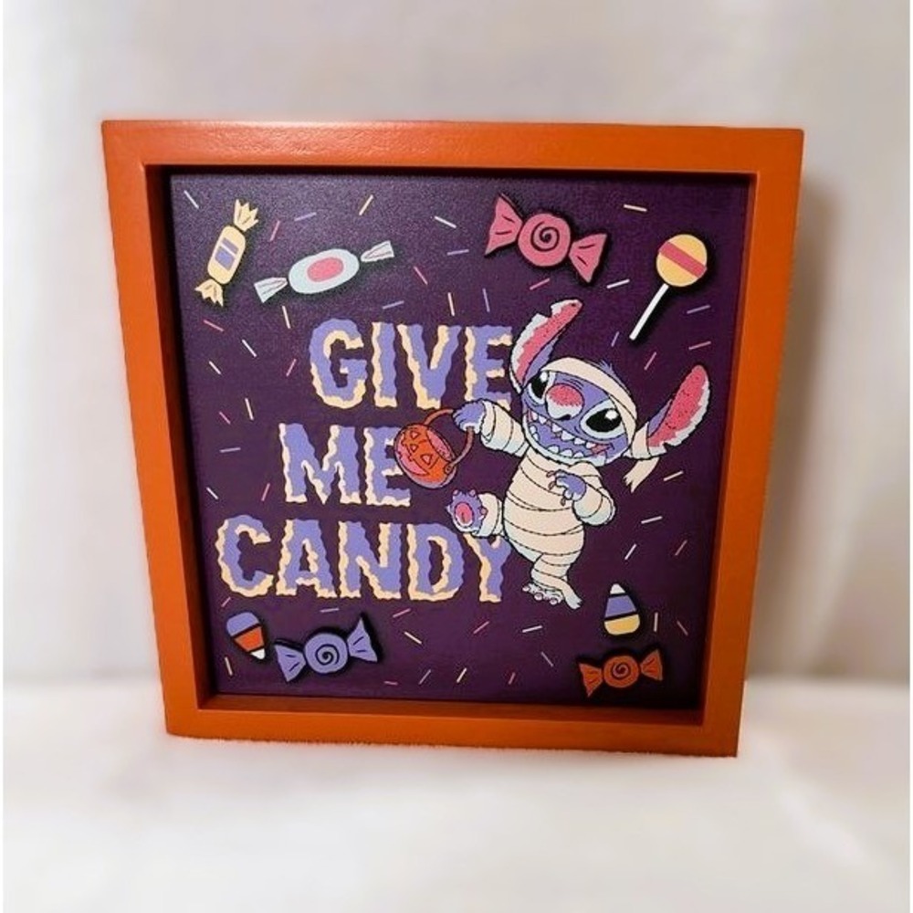 Disney Stitch Halloween Give Me Candy Framed Wall Art Orange 8x8 New
